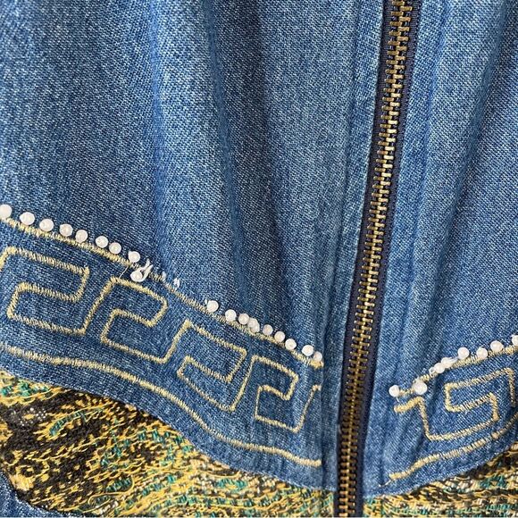 Tapestry Denim Swing Shacket Tweed Trim Pearls Zipper Front Vintage 2X - Picture 3 of 8